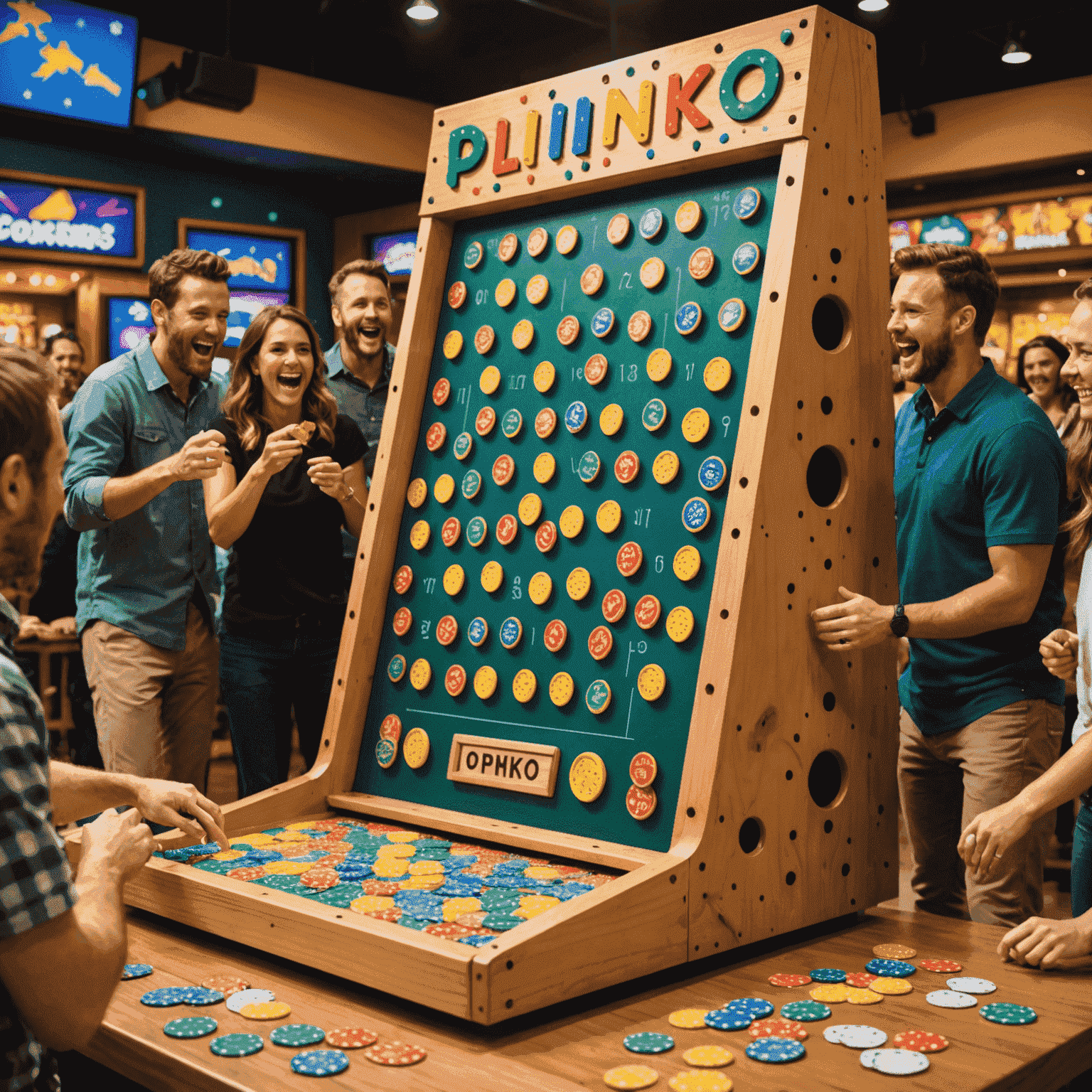A large, colorful Plinko board with excited players dropping chips. The board is decorated with Australian-themed elements like kangaroos and boomerangs. Players of various ages are gathered around, cheering and celebrating wins.